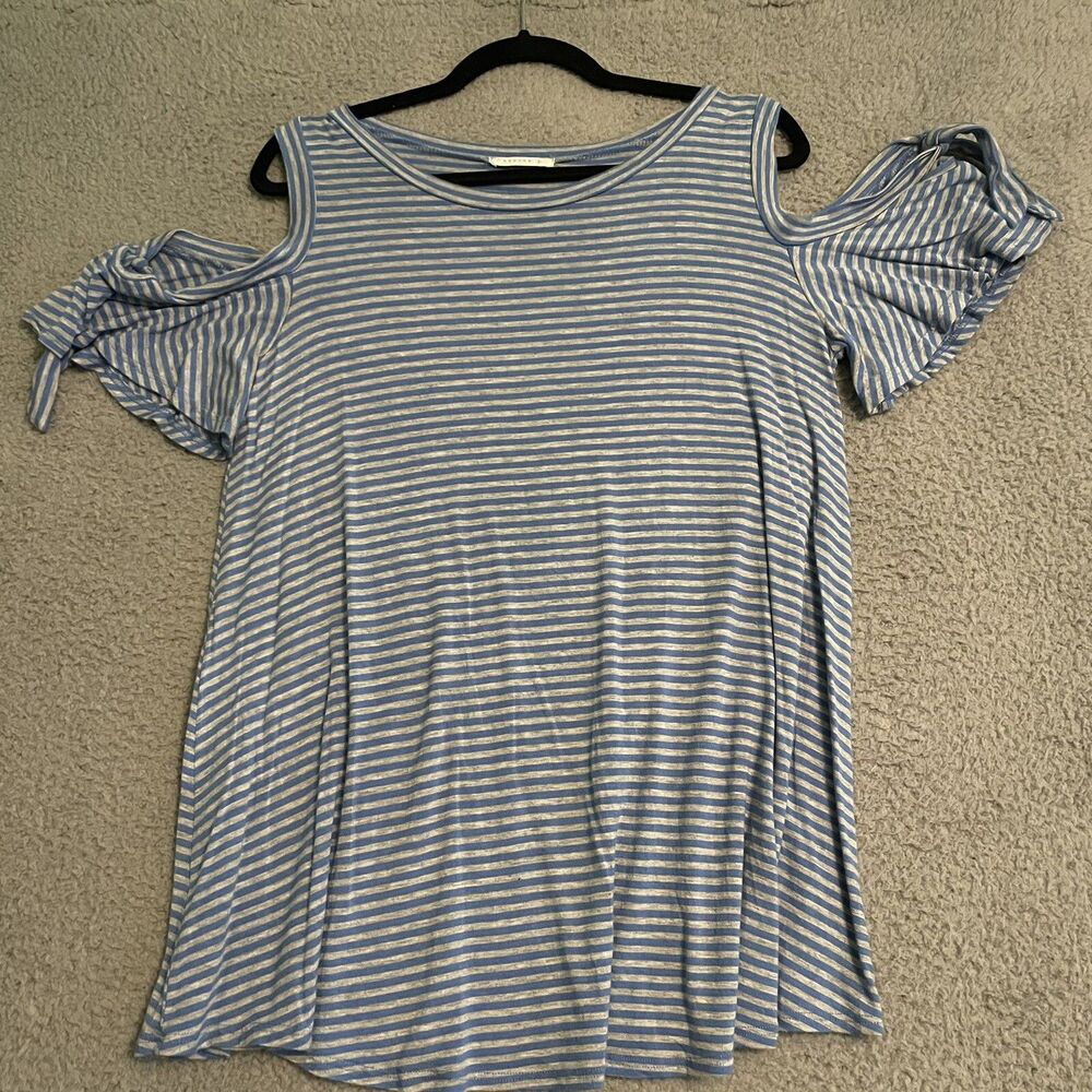 Reborn J Womens Large Cold Shoulder Top Blouse Striped Blue Knoted Sleeves